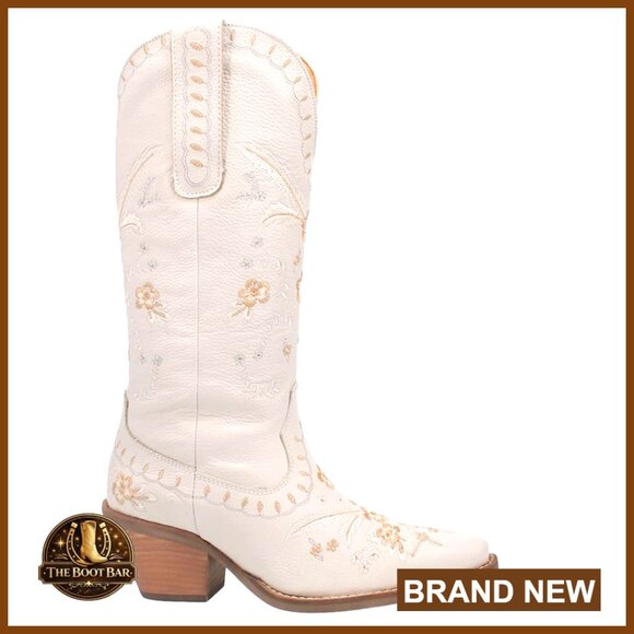 Leather Knee High Boots with Floral Embroidery Mid Heel Pull On